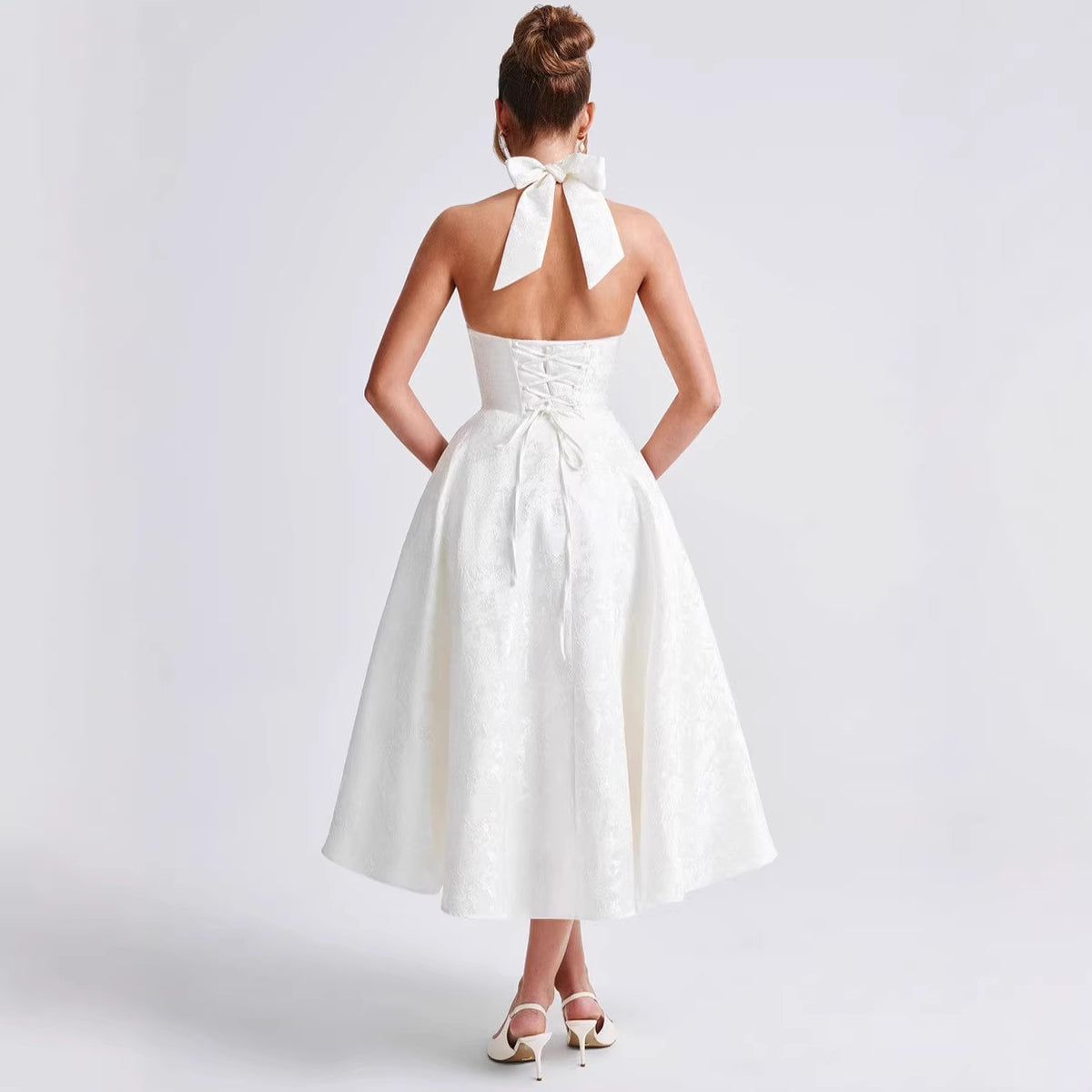 Women's V-Neck Jacquard Halter Evening Dress