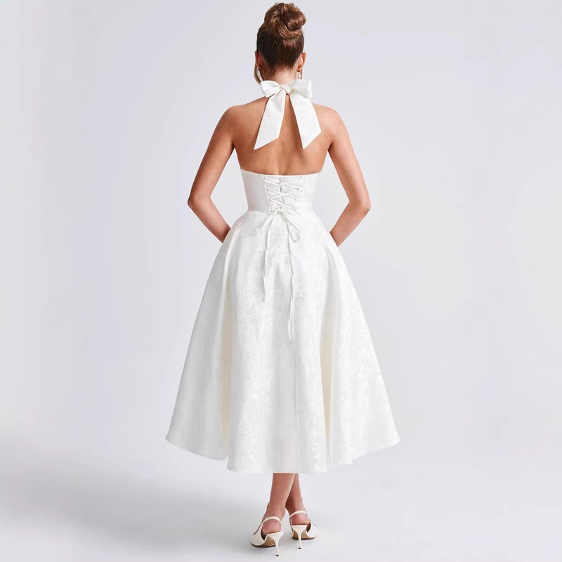 Women's Halter Jacquard Evening Dress with Open Back