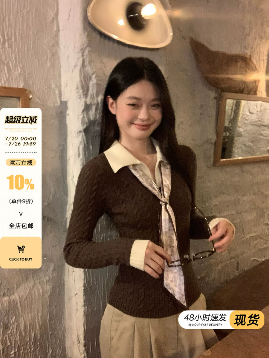 宋正恩咖色Polo领假两件针织衫女毛衣秋季内搭修身短款长袖小上衣