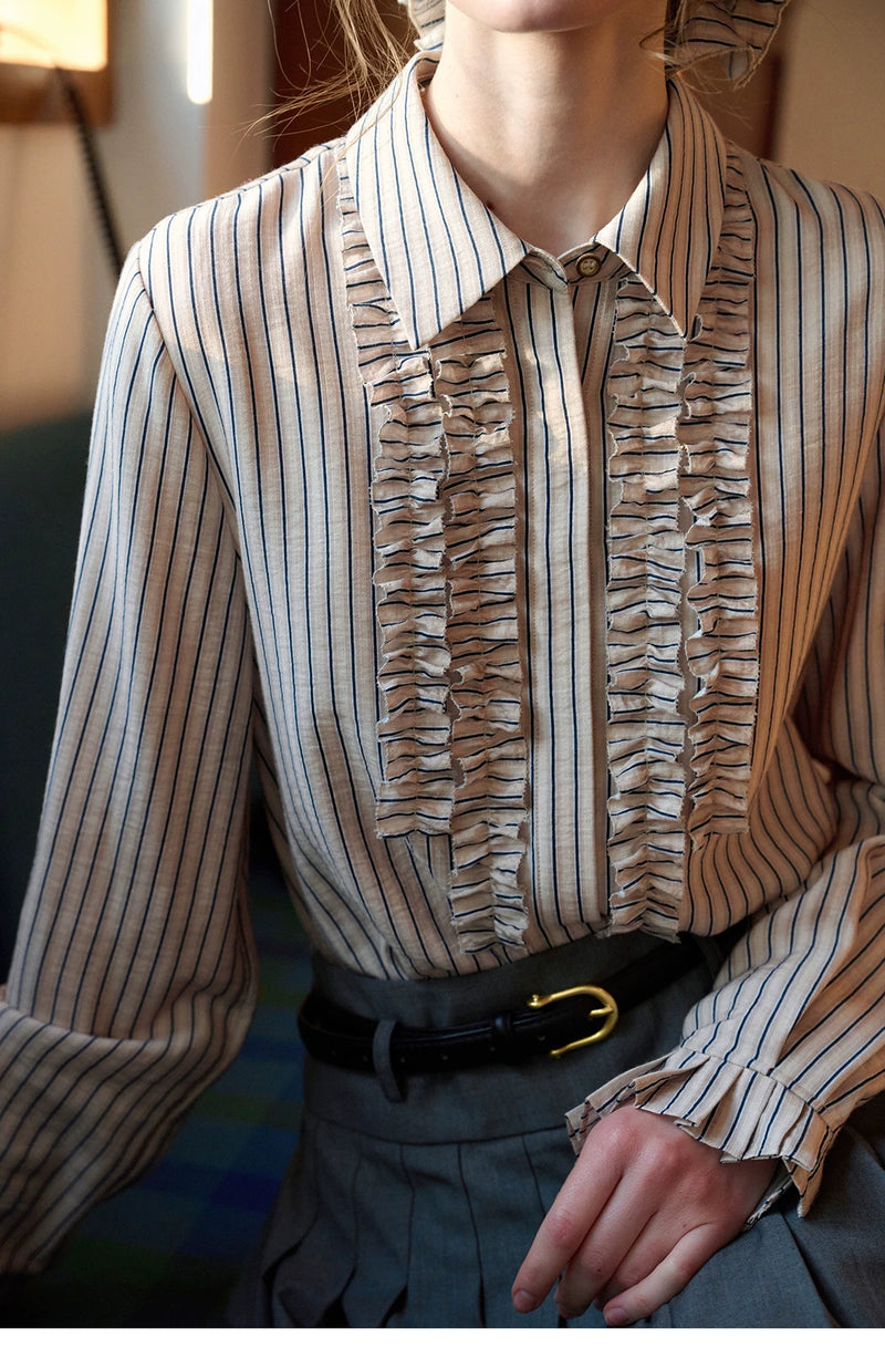 French Style Beige Striped Ruffle Blouse
