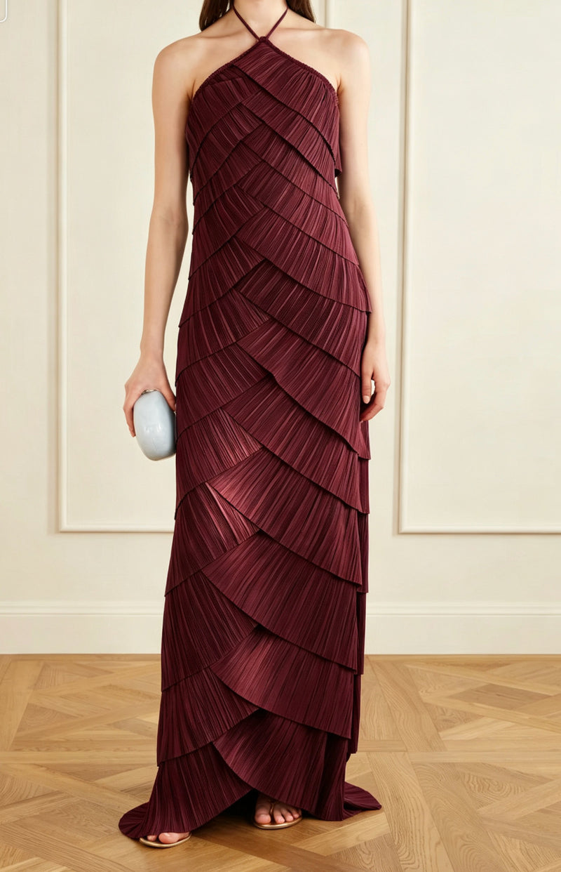 Women's Halter Ruched Maxi Evening Dress with Open Back - Rose