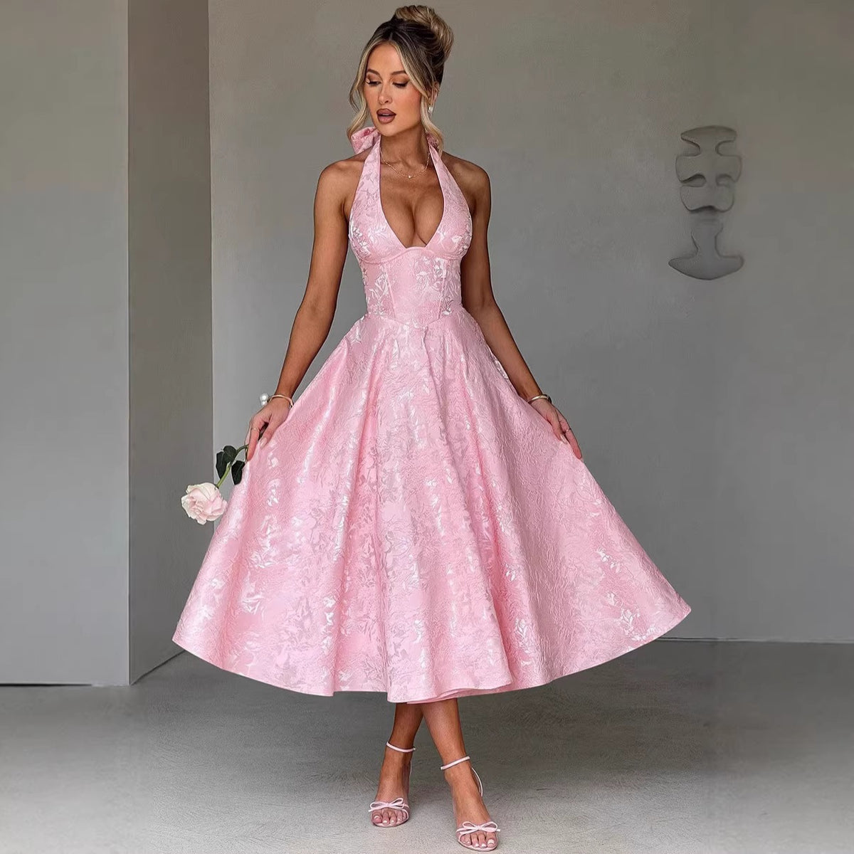 Women's Halter Jacquard Evening Dress with Open Back