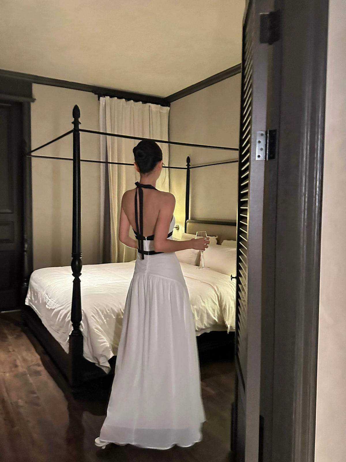 Ivory Contrast Bow Halter Maxi Dress - detail or back view