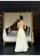 Ivory Polka Dot Ruched Halter Pleated Maxi Dress - detail or back view