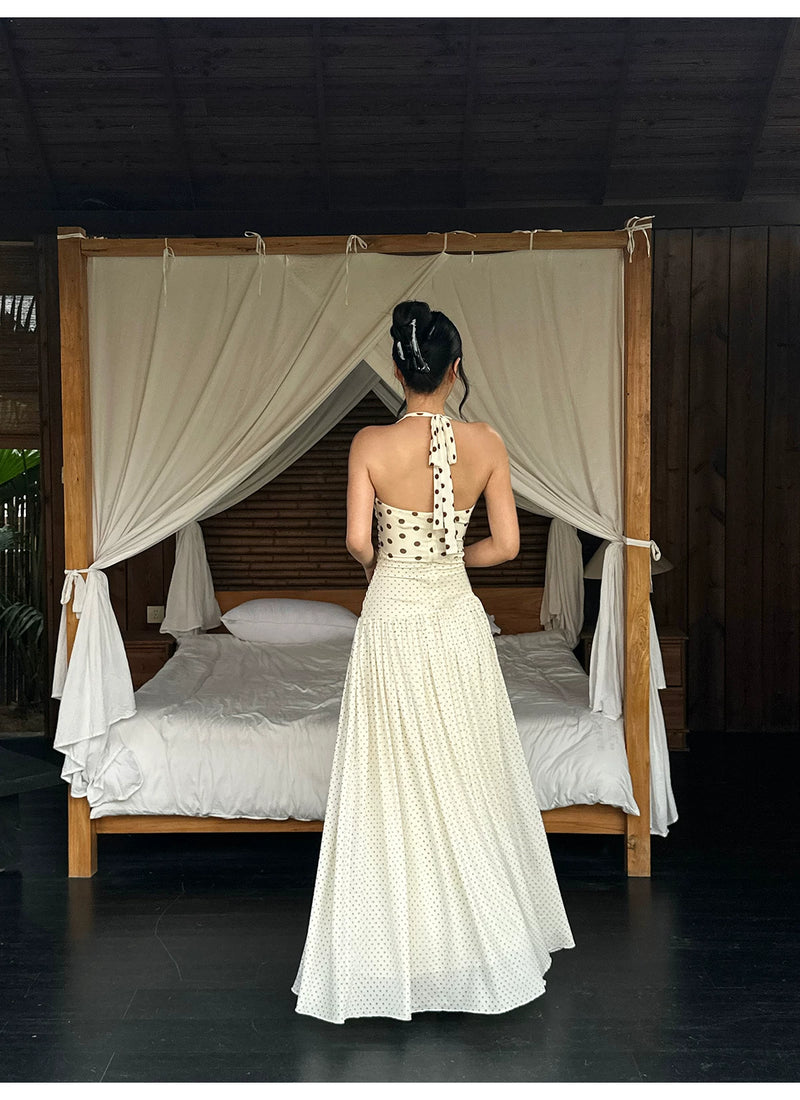 Ivory Polka Dot Ruched Halter Pleated Maxi Dress - detail or back view