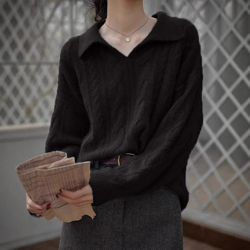 法式复古蓝色麻花翻领针织衫女秋冬慵懒风软糯毛衣高级感polo上衣