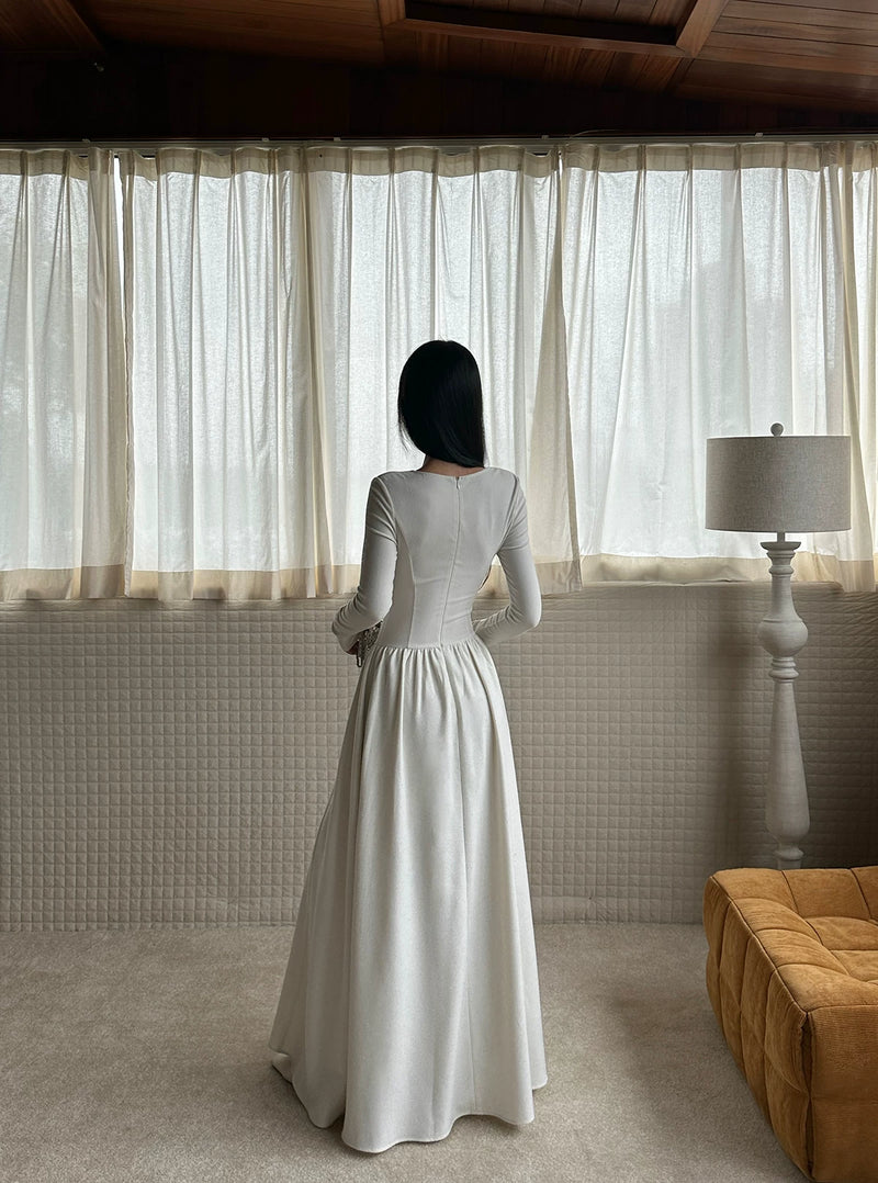 White Square Neck Long Sleeve Maxi Dress with Cape - detail or back view