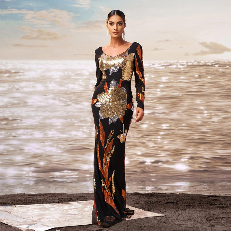 Women's V-Neck Long-Sleeve Sequin Mermaid Evening Dress