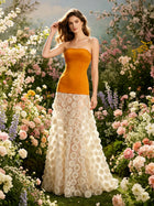 Women's Strapless Mesh 3D Floral Evening Dress