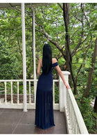 Navy Off Shoulder Ruched Drop Waist Maxi Dress - detail or back view
