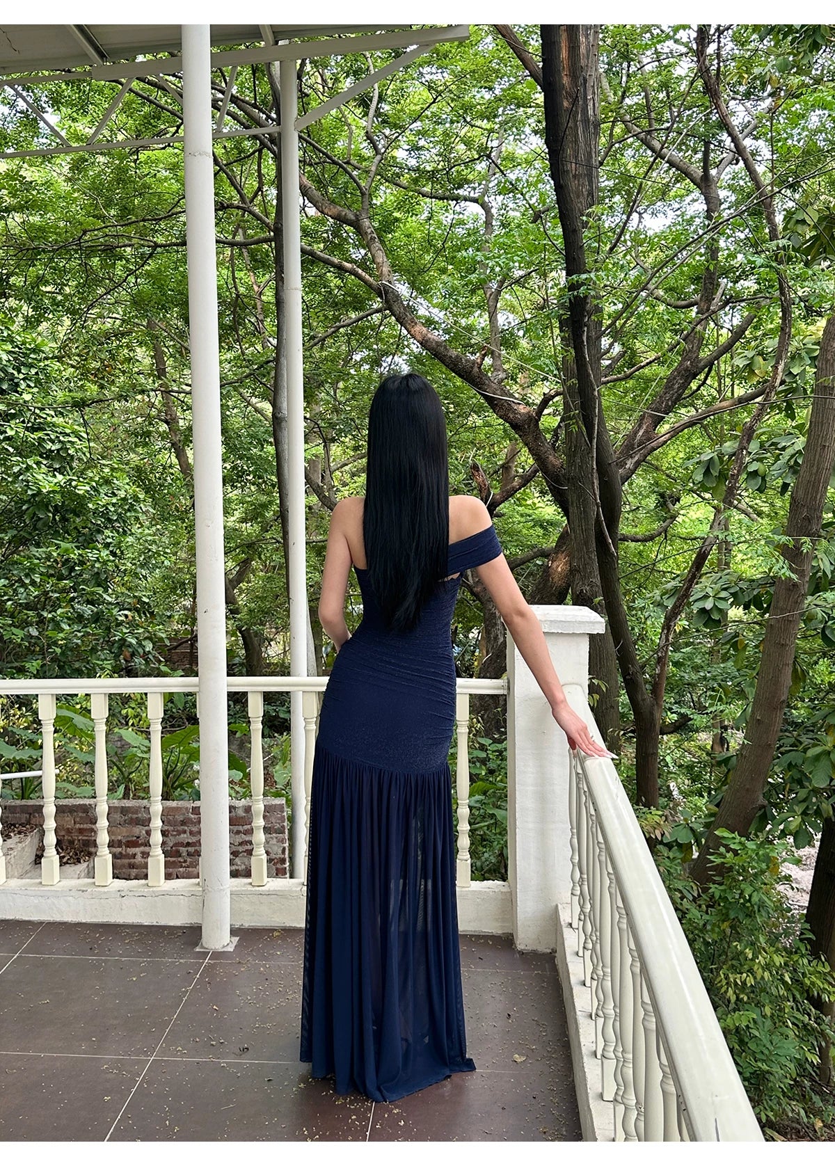Navy Off Shoulder Ruched Drop Waist Maxi Dress - detail or back view