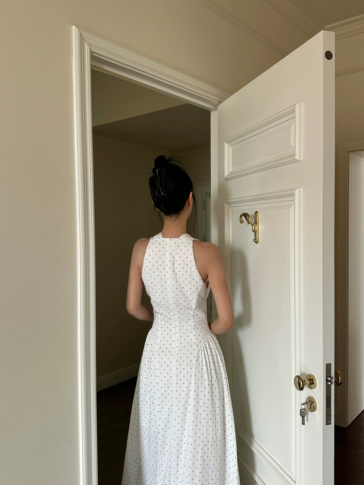White Polka Dot Plunge Halter Maxi Dress - detail or back view
