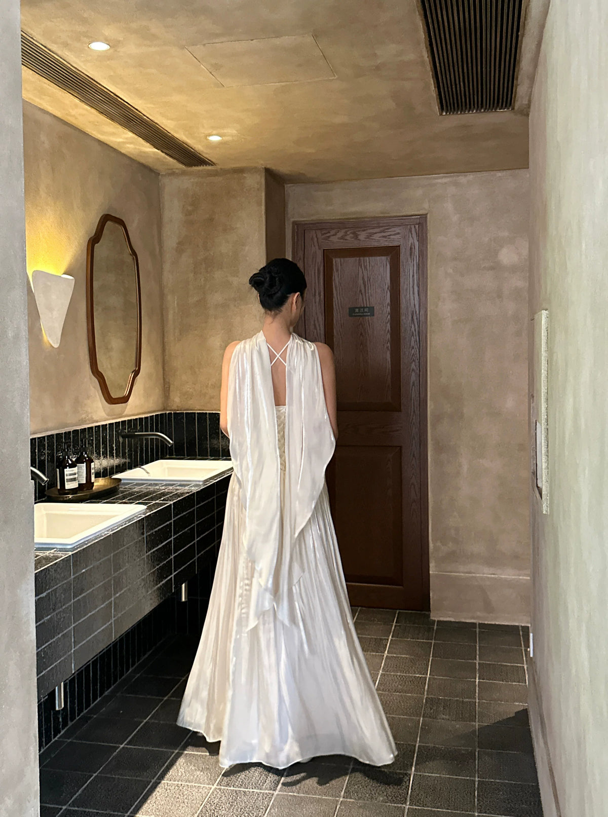 Scarf-Neck Pleated Satin Maxi Dress - detail or back view
