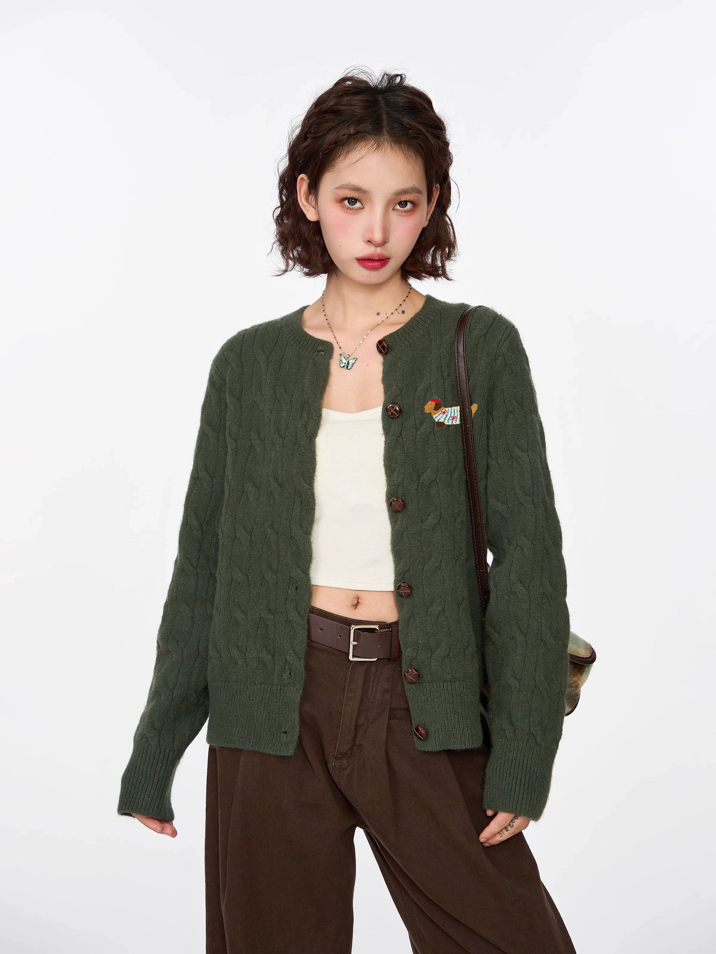 绿色麻花毛衣开衫外套女早春春季韩系内搭打底短款针织衫长袖上衣