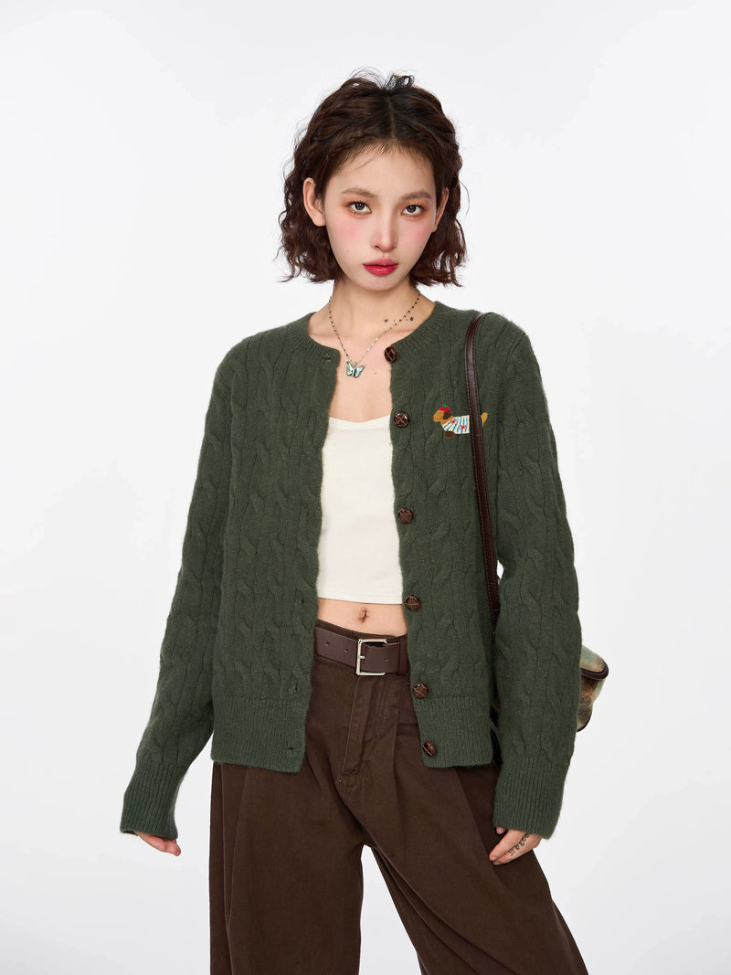 绿色麻花毛衣开衫外套女早春春季韩系内搭打底短款针织衫长袖上衣