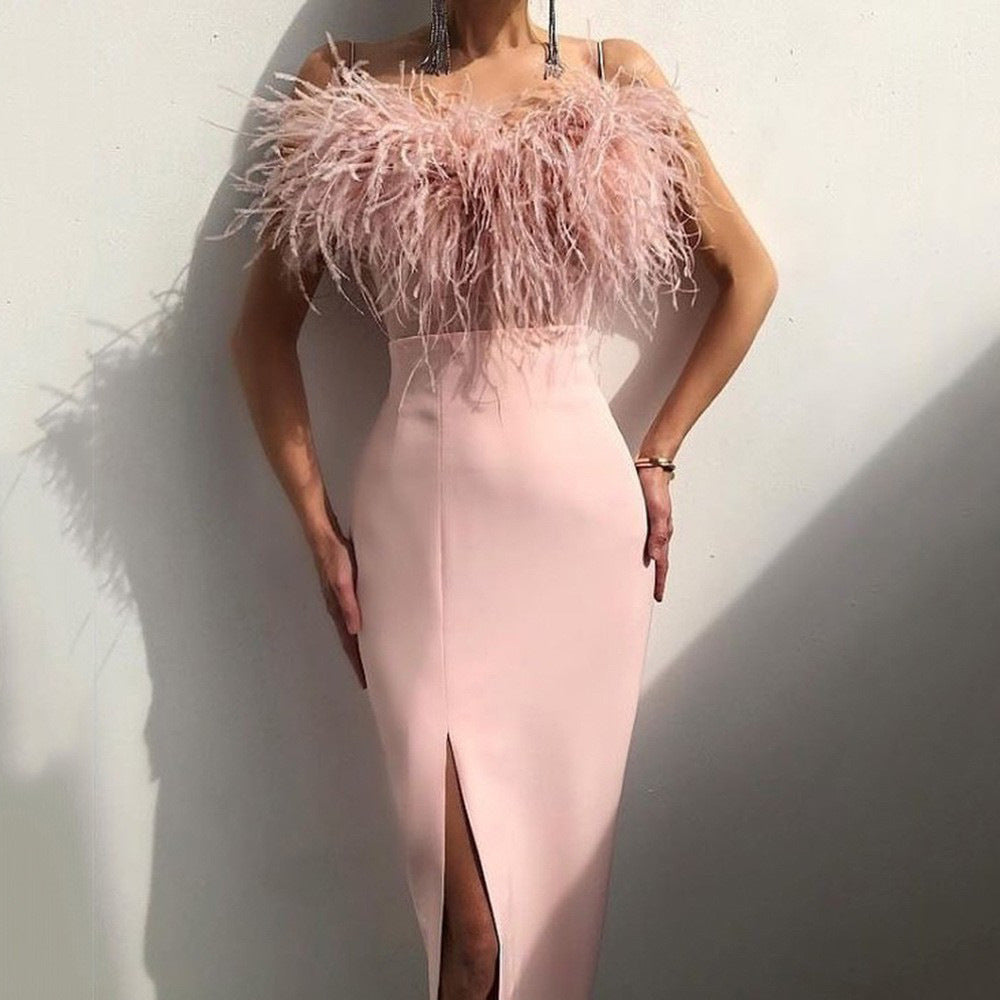 Women's Spaghetti-Strap Feather-Trim Evening Dress
