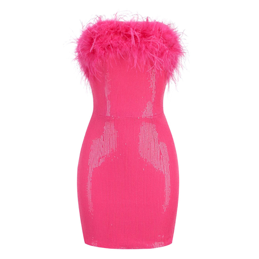 Women's Strapless Sequin Feather-Trim Bodycon Mini Cocktail Dress