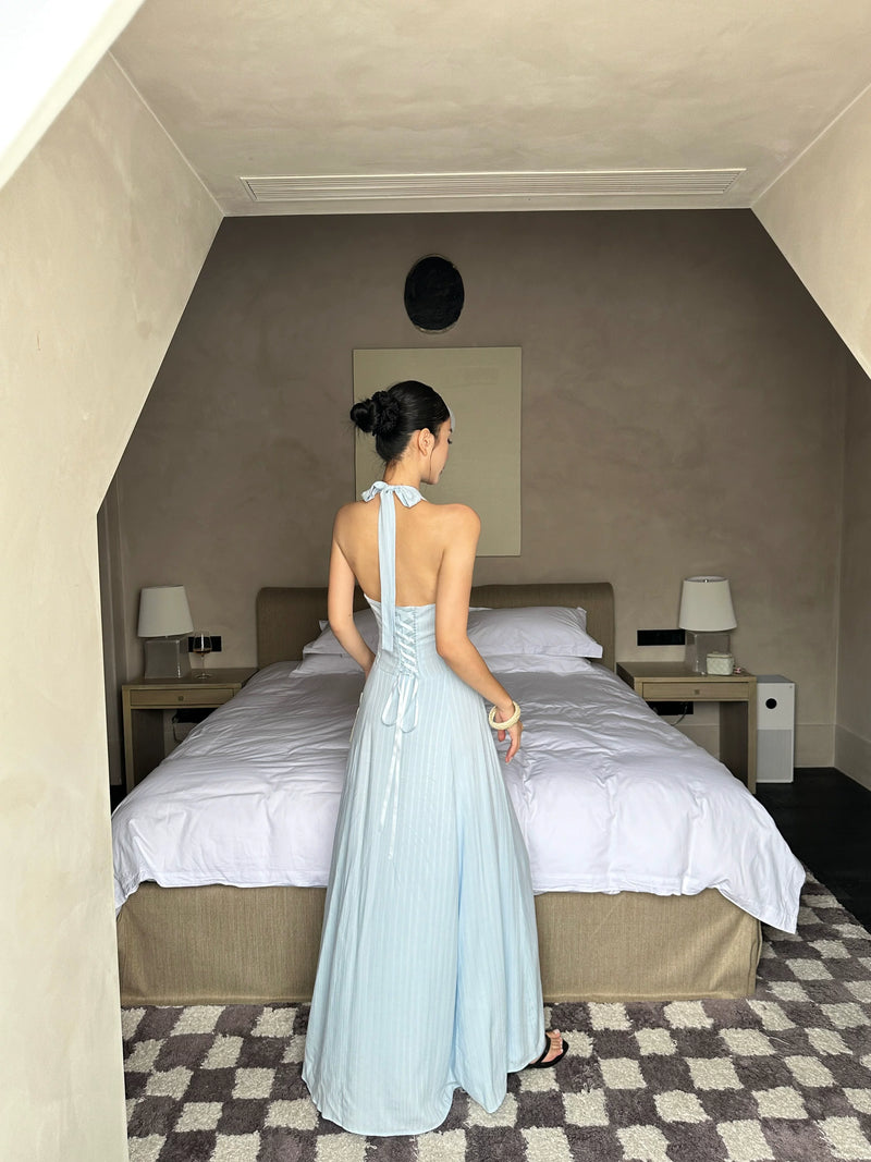 Light Blue Bow Front Corset Halter Maxi Dress - detail or back view
