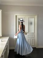 Light Blue Lace Trim Halter Drop Waist Maxi Dress - detail or back view