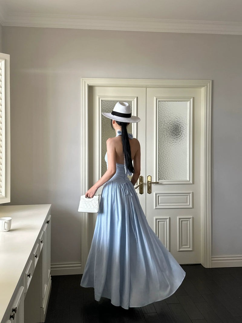 Light Blue Lace Trim Halter Drop Waist Maxi Dress - detail or back view