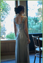 Beaded-Neckline Satin Midi Dress — Blue — view 3