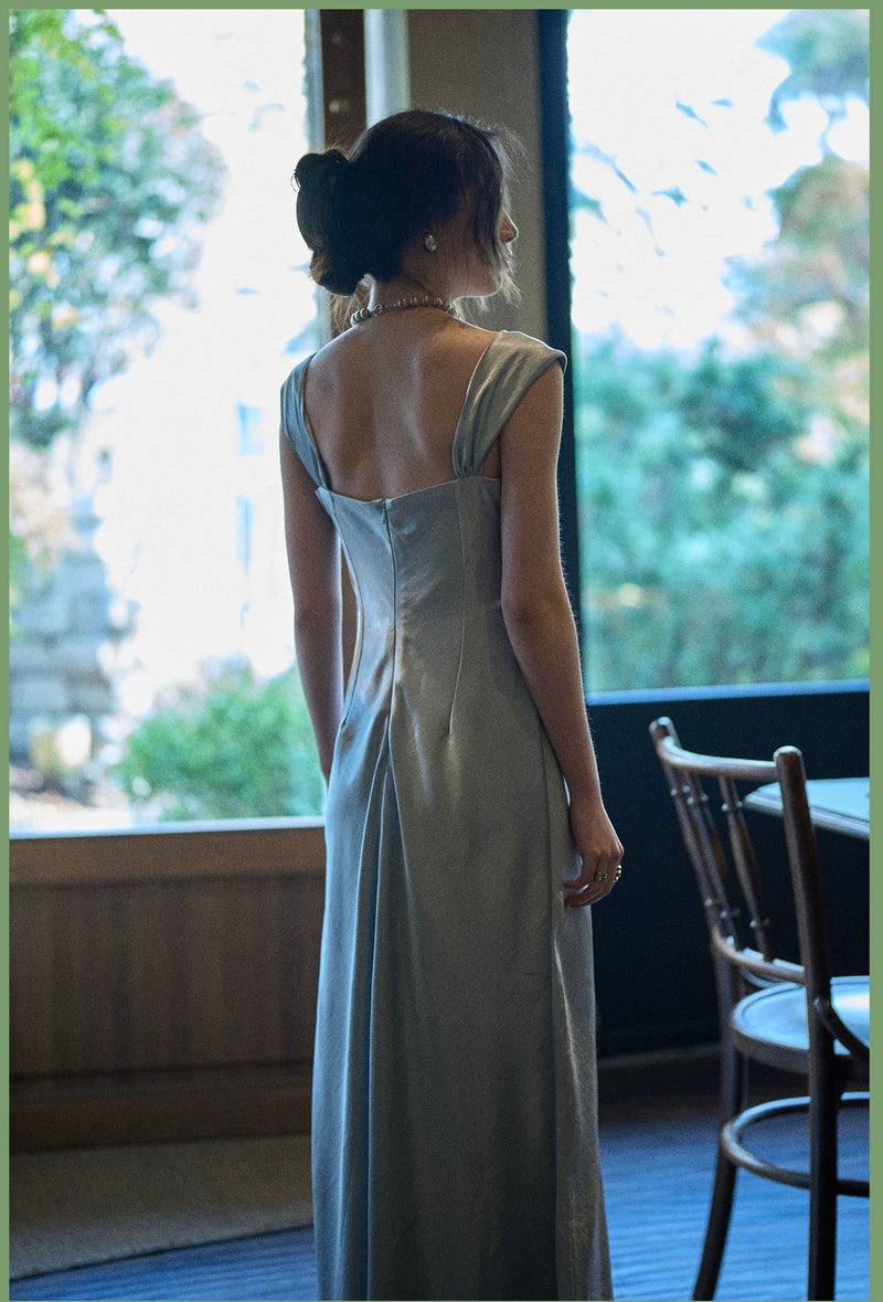 Beaded-Neckline Satin Midi Dress — Blue — view 3