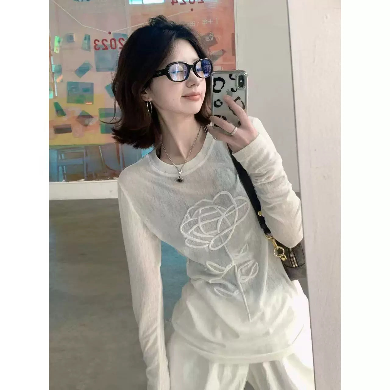 立体印花长袖T恤女设计感小众显瘦弹力薄款防晒罩衫微透网纱上衣