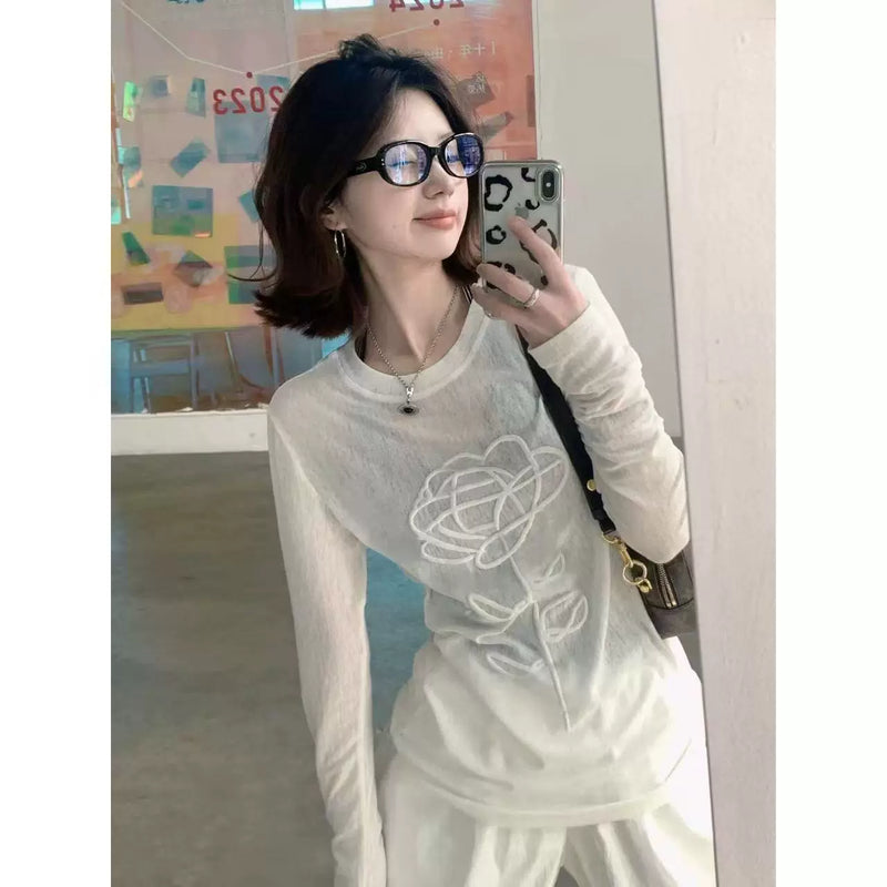 立体印花长袖T恤女设计感小众显瘦弹力薄款防晒罩衫微透网纱上衣
