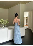 Blue Floral Jacquard Embellished Neckline Maxi Dress - detail or back view
