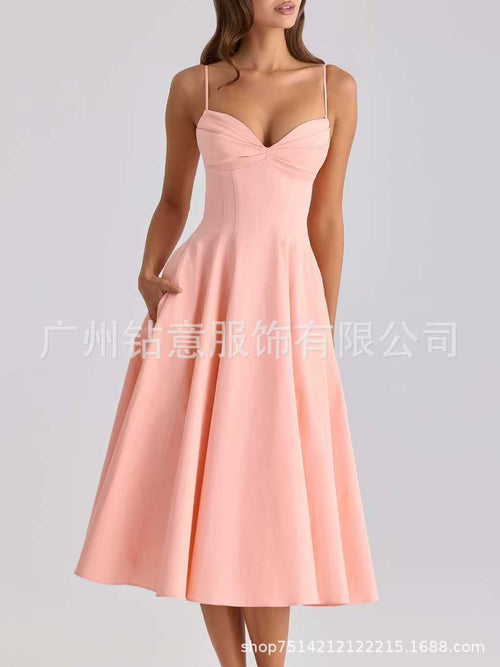 Sleeveless Fitted Evening Dress - Pink