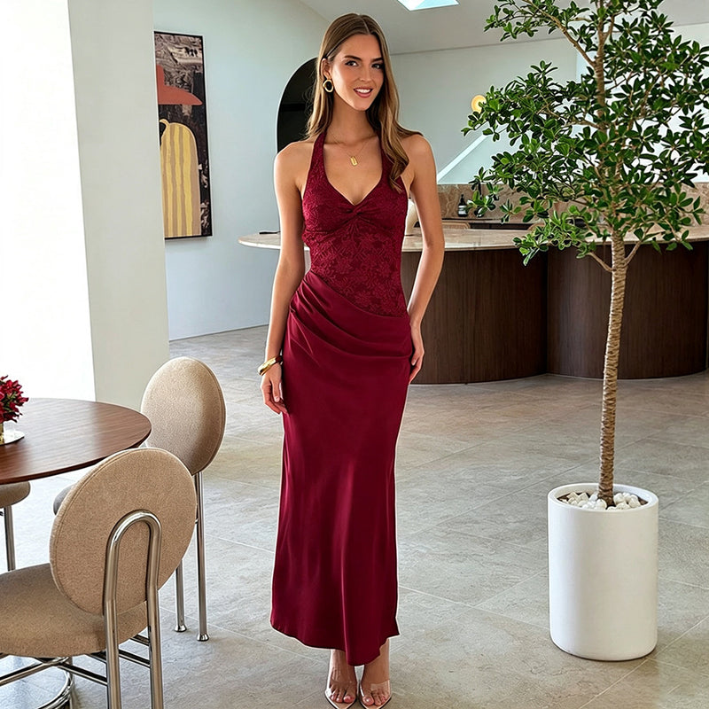 Women's Halter Lace Maxi Evening Dress with Open Back
