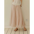 Nude Chiffon Flowy Maxi Skirt, Korean Style Elegant High Waist A-Line Long Skirt