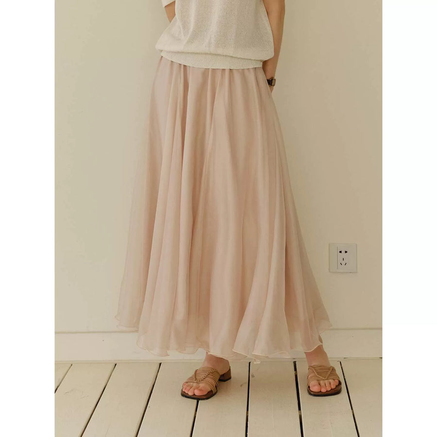 French Style Flowy Chiffon Maxi Skirt Women A-Line Ruffle Hem Long Skirt