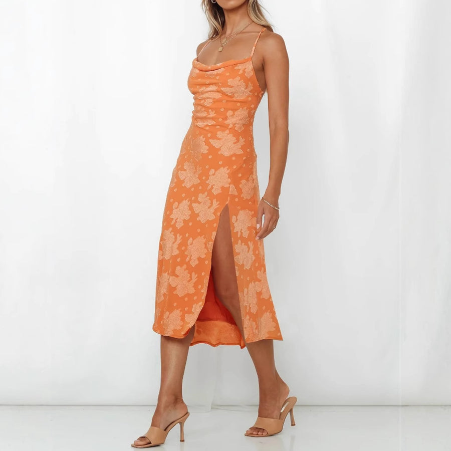 Women's Green Cowl-Neck Open-Back Maxi Dress with Slit