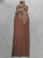 Floral Appliqué Backless Evening Gown