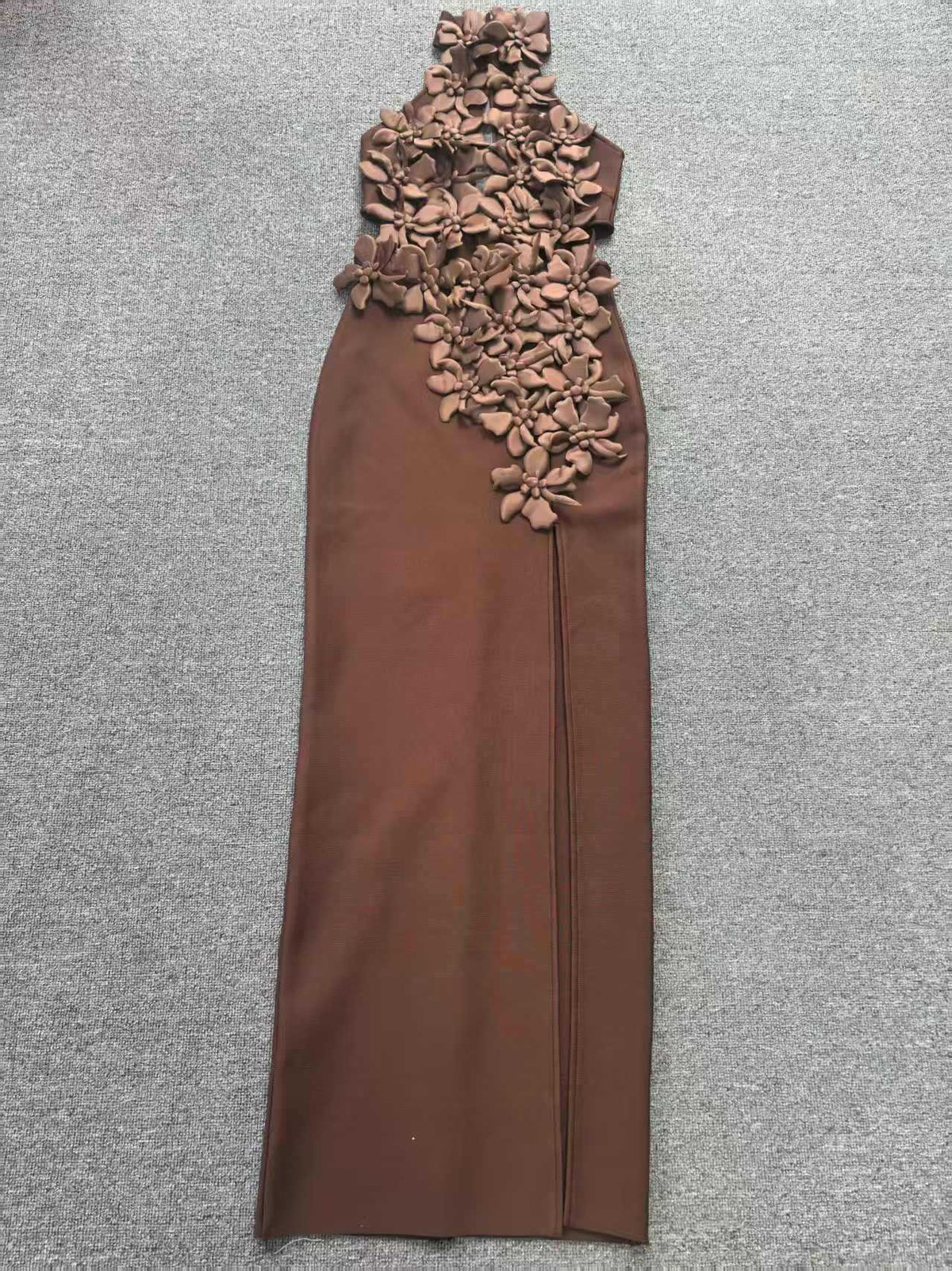 Floral Appliqué Backless Evening Gown