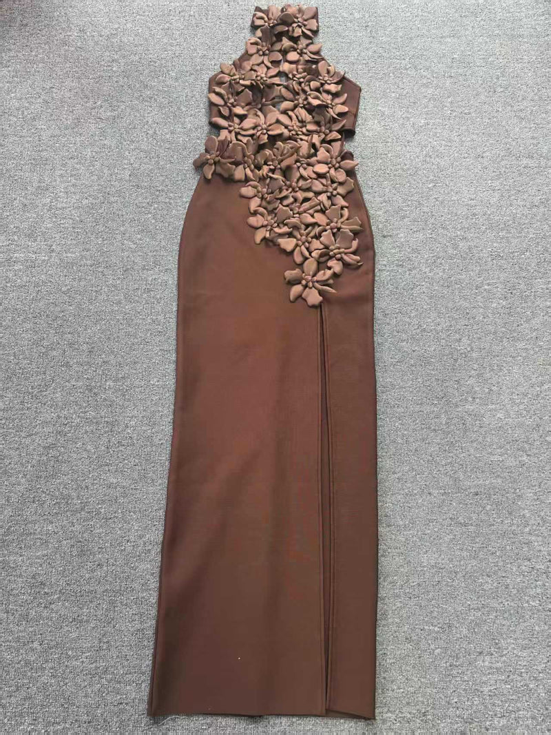 Floral Appliqué Backless Evening Gown