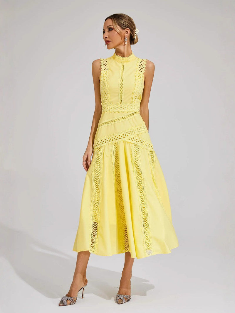 Women's Sleeveless Lace-Panel Maxi Evening Dress - Yellow