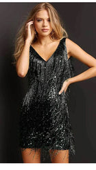 Women's Sleeveless Sequin Fringe Evening Dress - Black