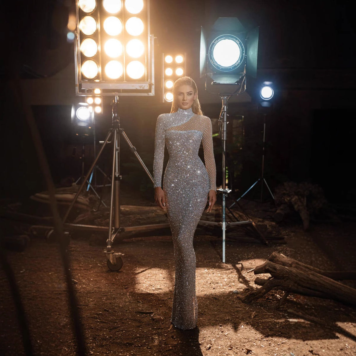 Women's Silver Sequin Long-Sleeve Bodycon Maxi Dress