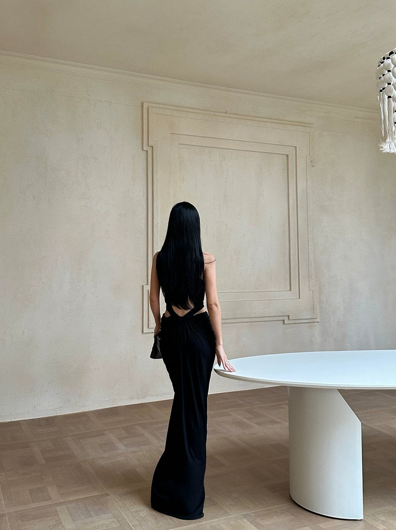 Black Plunge Halter Cutout Slit Maxi Dress - detail or back view