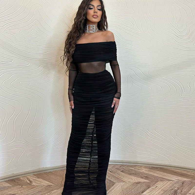 Women's Long-Sleeve Mesh Ruched Maxi Evening Dress