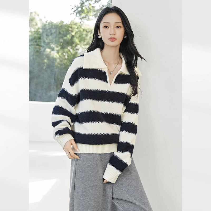 对白慵懒风宽松翻领条纹毛衣女2026秋季新款绵羊毛软糯休闲针织衫