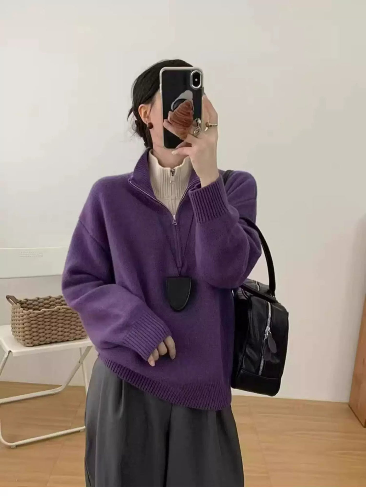 克莱因蓝色假两件半拉链立领毛衣女秋冬设计感独特别致针织衫上衣