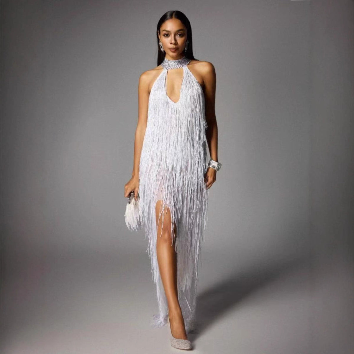 Sleeveless High-Slit Fringe Evening Dress