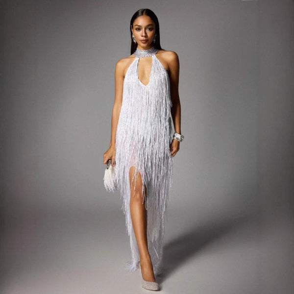 Sleeveless High-Slit Fringe Evening Dress
