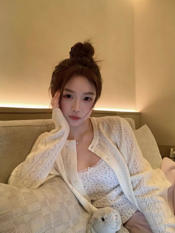 白色镂空长袖针织开衫女夏季薄款防晒外套小个子修身显瘦短款上衣