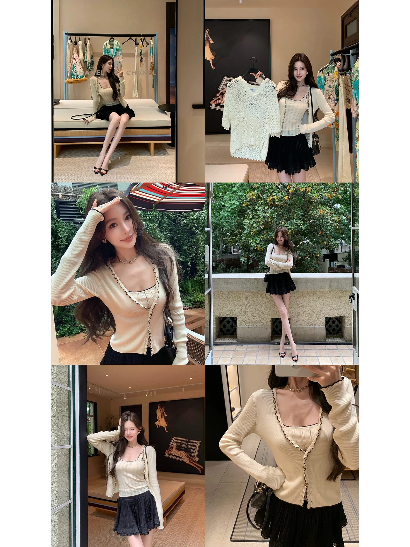 Fbblimit【夏日告白】莱赛尔天丝撞色木耳边针织开衫提花针织伞裙