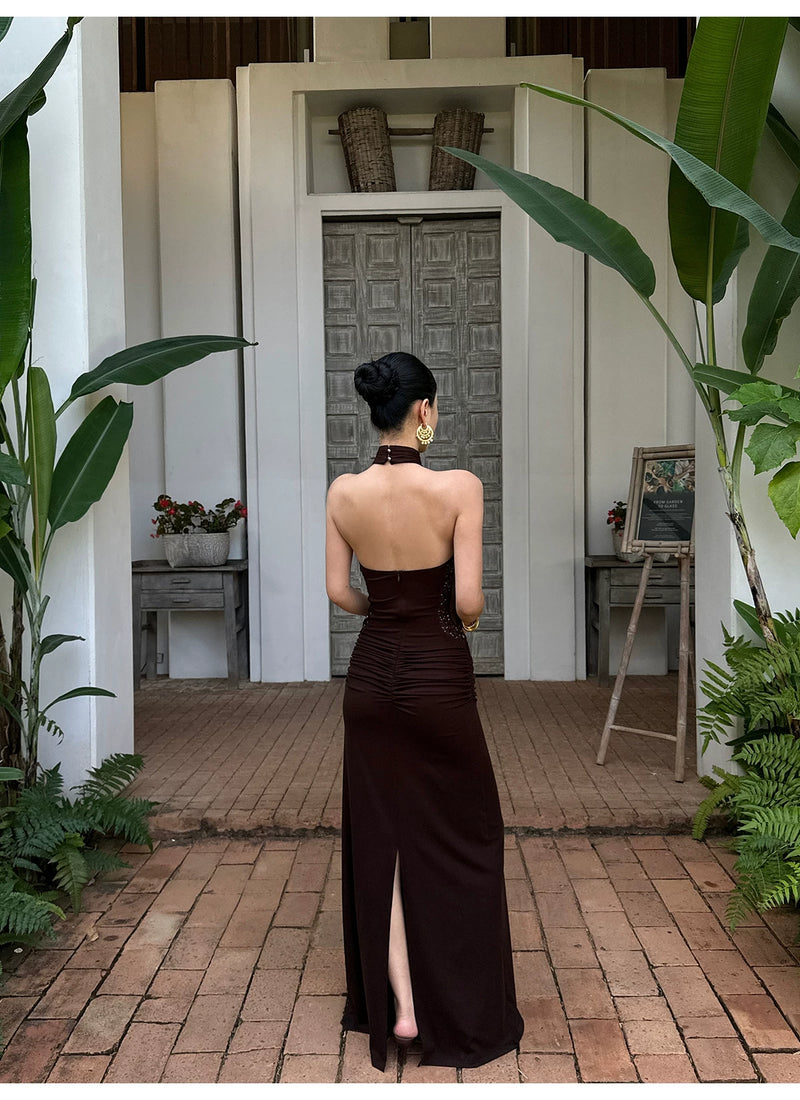 Chocolate Brown Ruched Halter Open Back Maxi Dress - detail or back view