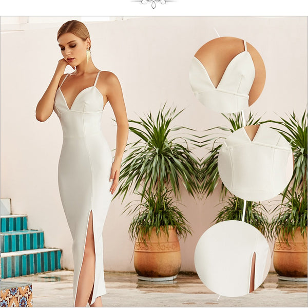 Women's White V-Neck Ruched Slit Maxi Evening Dress